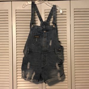 Fubu distressed short overalls